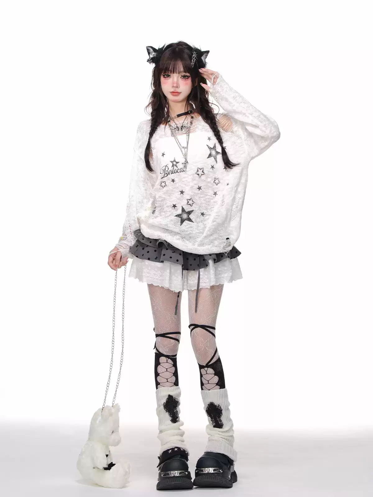 Young Eyes Y2K Stars Black White Ripped Sheer Top - Image 5