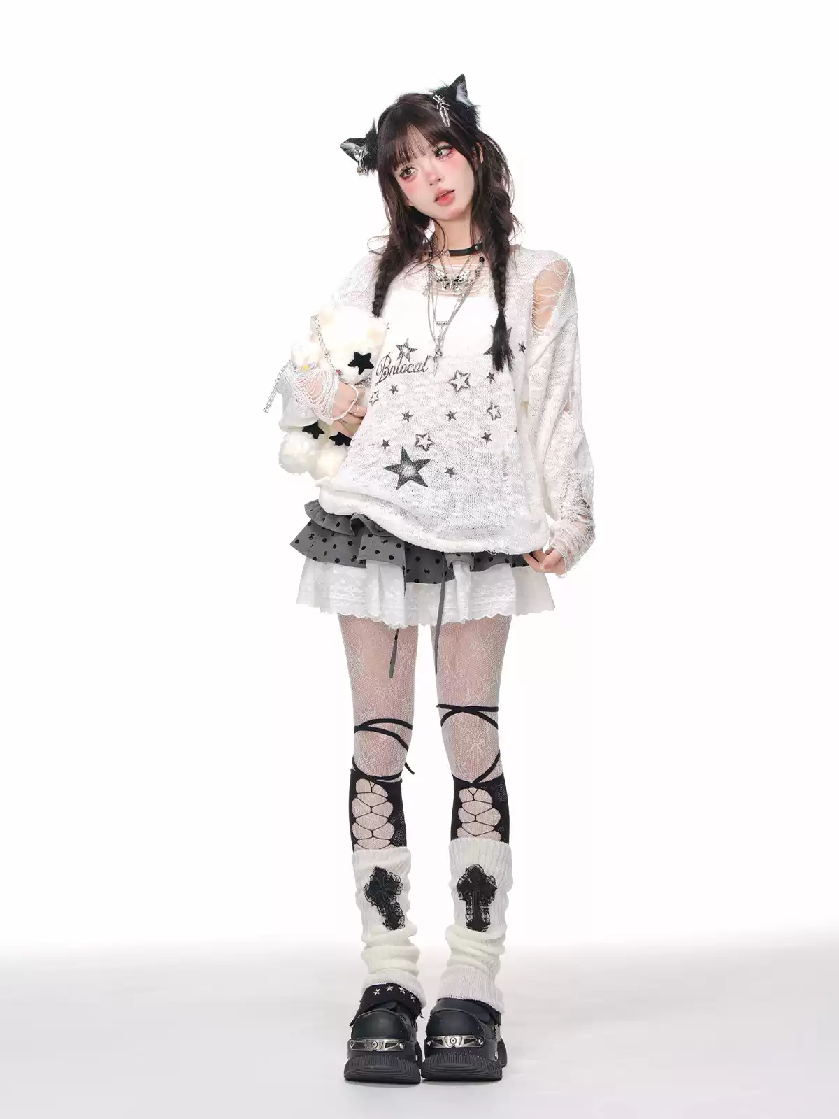 Young Eyes Y2K Stars Black White Ripped Sheer Top - Image 6